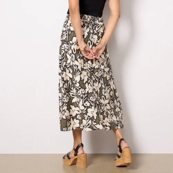 Evereve Carson floral midi skirt with pockets Olive/Black/Cream, Sz M, Excellent - Picture 2 of 8